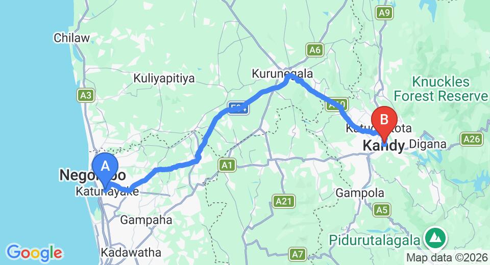 Driving route map: Colombo Airport (CMB) to The Peak Residence, Kandy (114 km, approx 2 h 50 min private transfer)