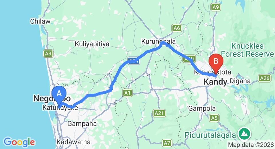 Driving route map: Colombo Airport (CMB) to Holiday Home, Kandy (111 km, approx 2 h 43 min private transfer)