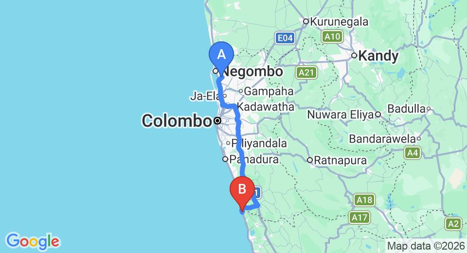 Driving route map: Colombo Airport (CMB) to Rockery Villa, Bentota (109 km, approx 1 h 42 min private transfer)