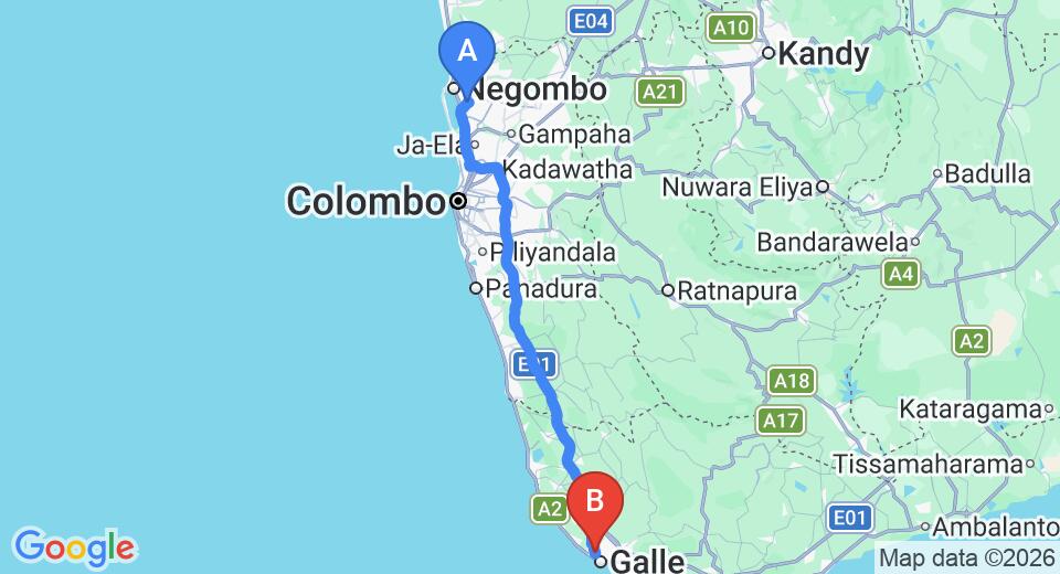 Driving route map: Colombo Airport (CMB) to Malgedara, Galle (147 km, approx 2 h 17 min private transfer)