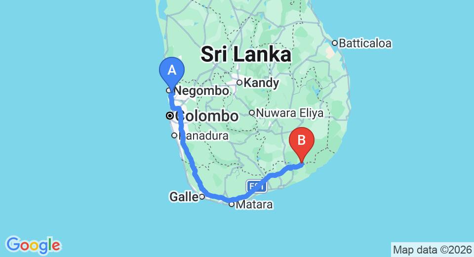 Driving route map: Colombo Airport (CMB) to Hotel Clauria, Kataragama (283 km, approx 3 h 43 min private transfer)