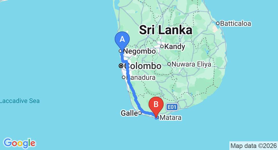 Driving route map: Colombo Airport (CMB) to Ravana Ridge Polhena, Matara (185 km, approx 2 h 34 min private transfer)