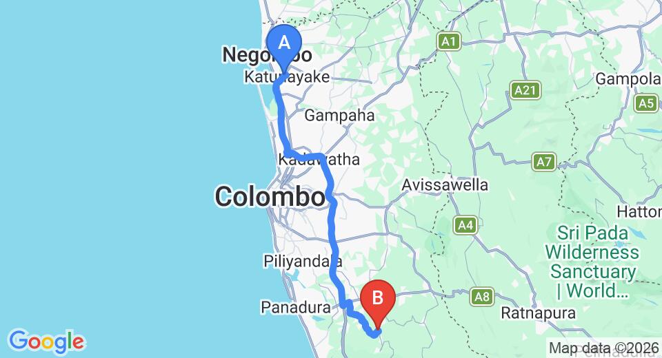 Driving route map: Colombo Airport (CMB) to Big Game Camps and Lodges Yala, Yala (77 km, approx 1 h 23 min private transfer)