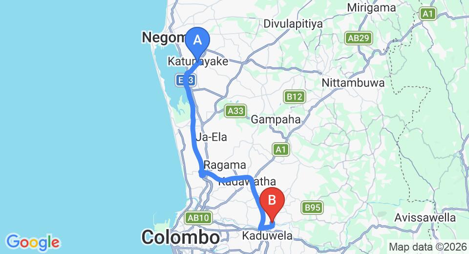 Driving route map: Colombo Airport (CMB) to Palm Villa, Biyagama (40 km, approx 43 min private transfer)
