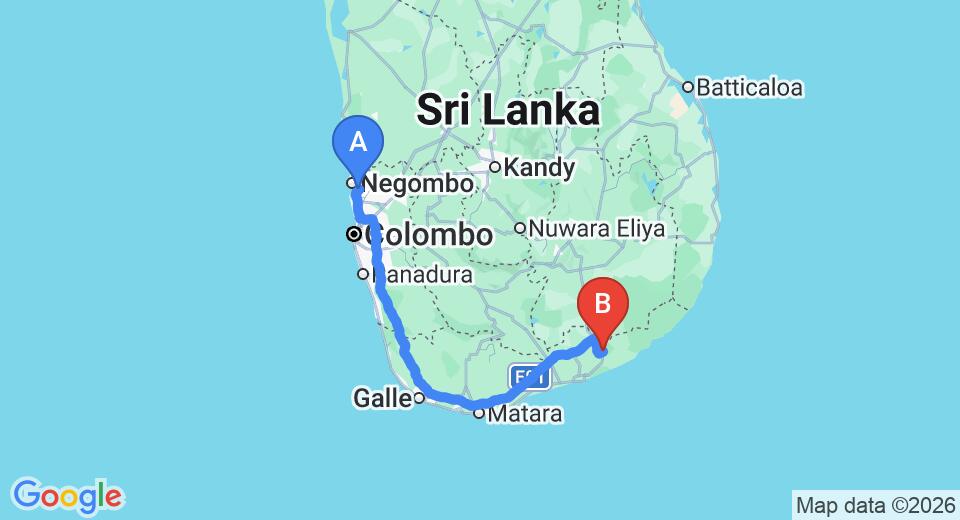 Driving route map: Colombo Airport (CMB) to Wirawila (279 km, approx 3 h 48 min private transfer)