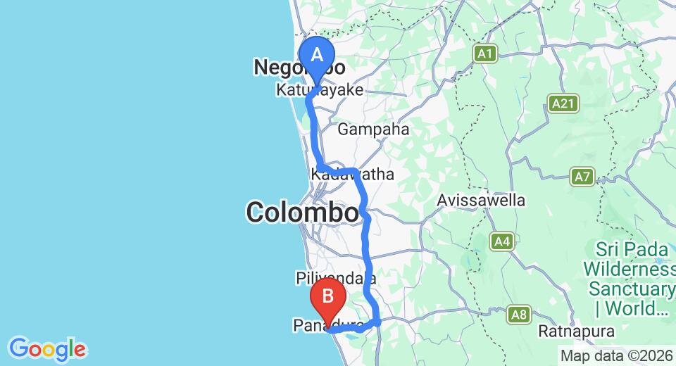 Driving route map: Colombo Airport (CMB) to Jie Jie Beach by Jetwing, Panadura (76 km, approx 1 h 23 min private transfer)