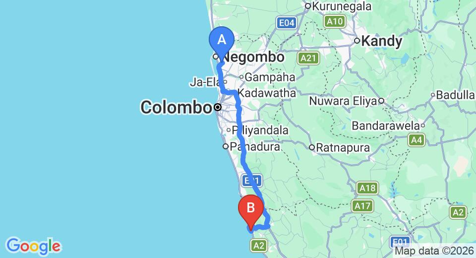 Driving route map: Colombo Airport (CMB) to Hotel J, Ambalangoda (135 km, approx 2 h 6 min private transfer)