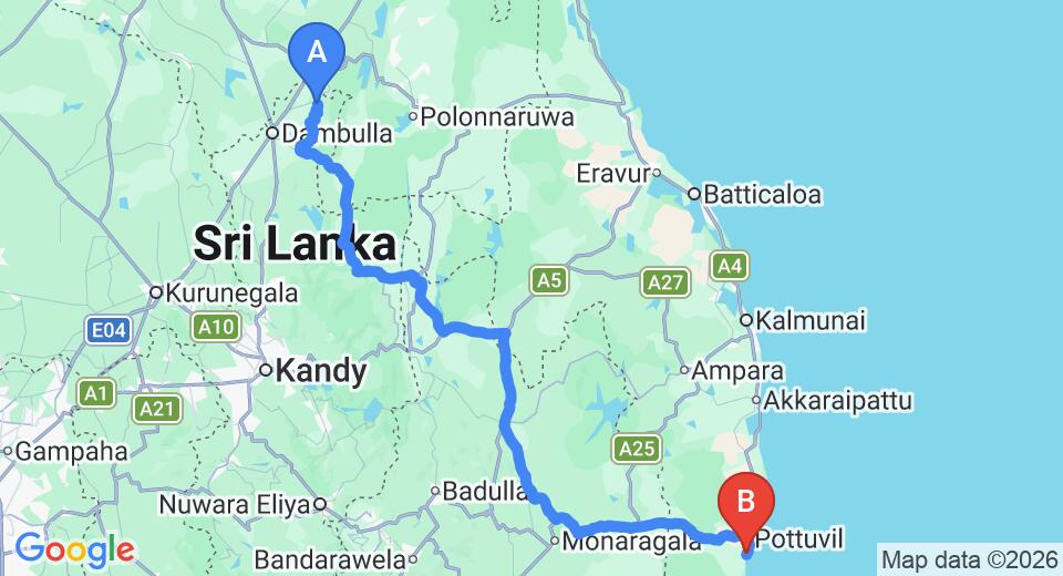 Driving route map: Sigiriya to Arugam Bay (246 km, approx 5 h 9 min private transfer)