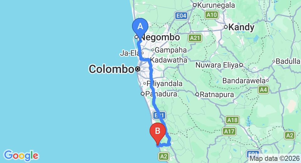 Driving route map: Colombo Airport (CMB) to Villa Balapitiya Beach, Balapitiya (134 km, approx 2 h 4 min private transfer)