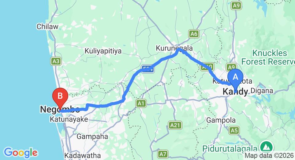 Driving route map: Kandy to Negombo (115 km, approx 2 h 46 min private transfer)