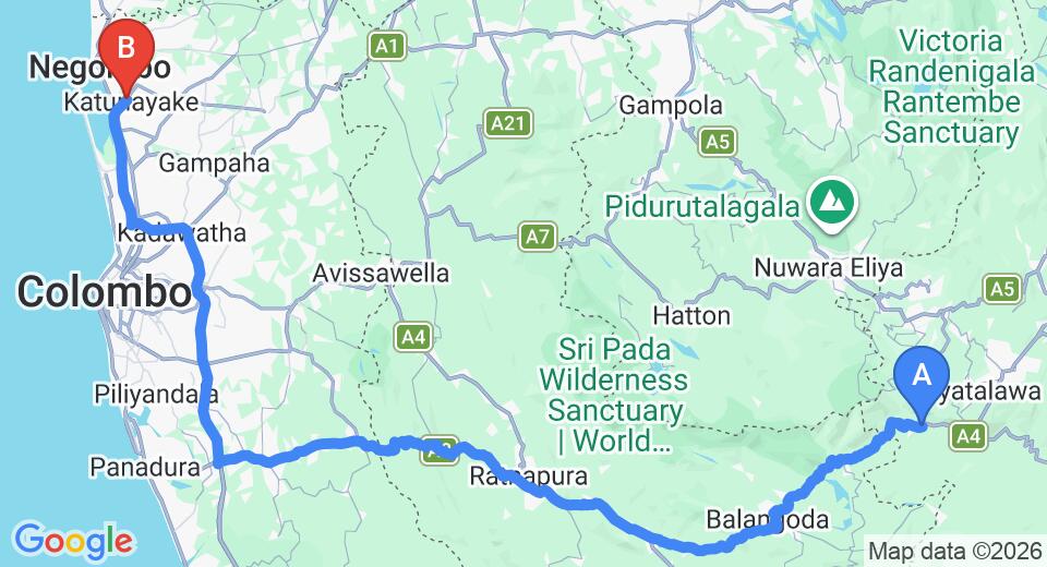 Driving route map: Haldummulla to Colombo Airport (CMB) (197 km, approx 4 h 33 min private transfer)