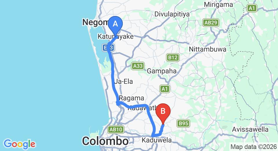 Driving route map: Colombo Airport (CMB) to Kekuna Uyana Guest, Gampaha (42 km, approx 47 min private transfer)