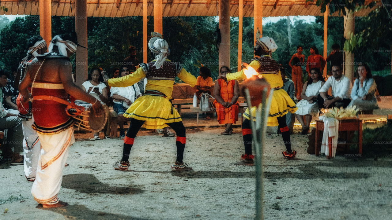 Traditional dancers performing in a cultural setting with onlookers.
