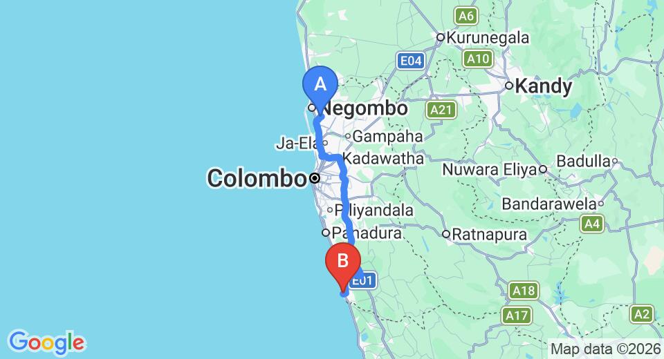 Driving route map: Colombo Airport (CMB) to Earl's Reef, Beruwala (101 km, approx 1 h 45 min private transfer)