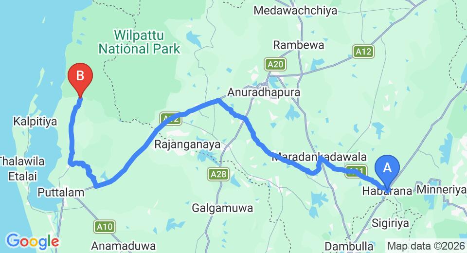 Driving route map: Habarana to Wilpattu (157 km, approx 3 h 11 min private transfer)