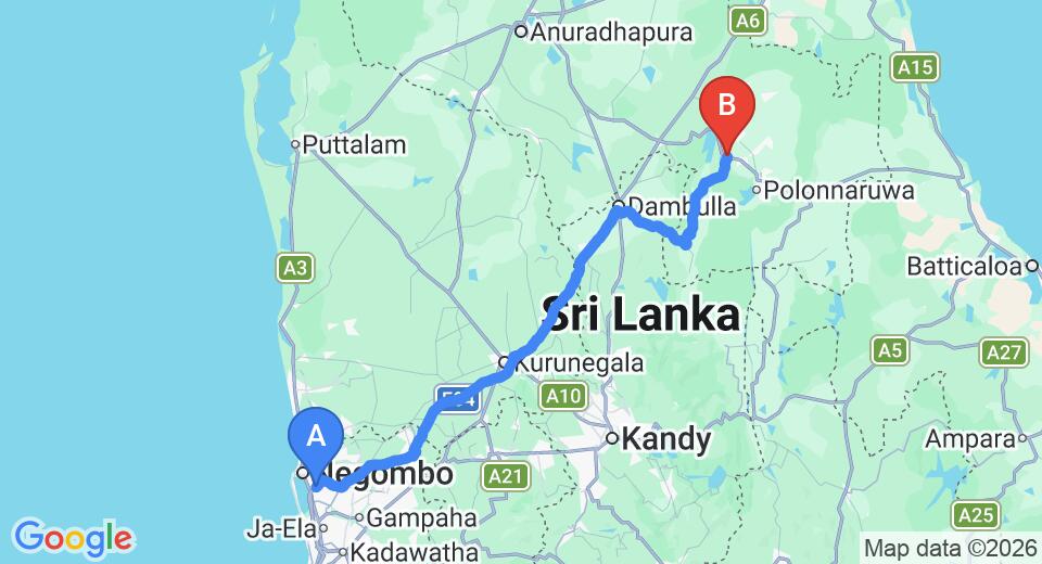 Driving route map: Colombo Airport (CMB) to Royal Lotus Hotel, Polonnaruwa (183 km, approx 3 h 45 min private transfer)