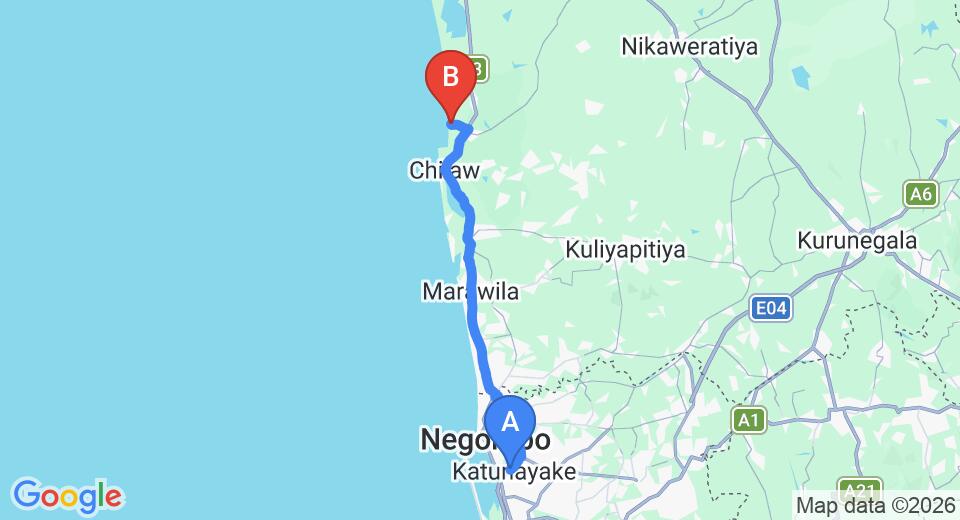 Driving route map: Colombo Airport (CMB) to Anantaya Chilaw, Chilaw (63 km, approx 1 h 47 min private transfer)