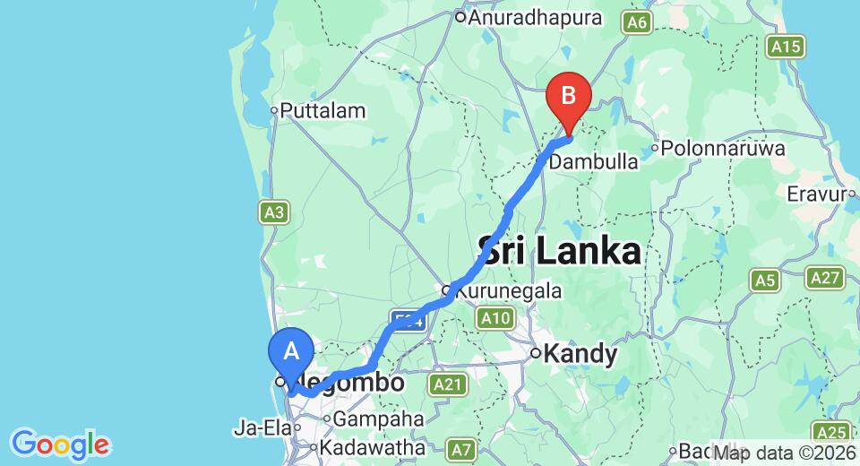 Driving route map: Colombo Airport (CMB) to Fresco Water Villa, Sigiriya (143 km, approx 3 h 6 min private transfer)
