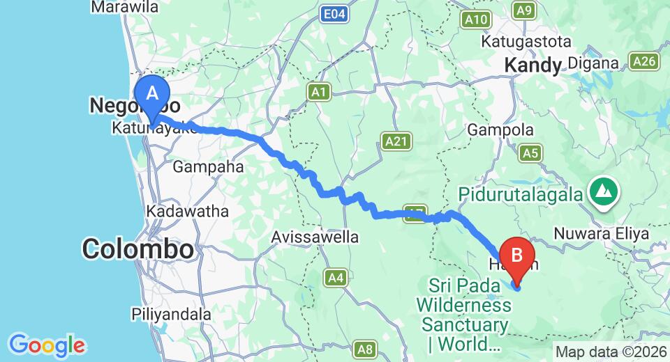 Driving route map: Colombo Airport (CMB) to Upper Glencairn Bungalow, Hatton (123 km, approx 3 h 53 min private transfer)