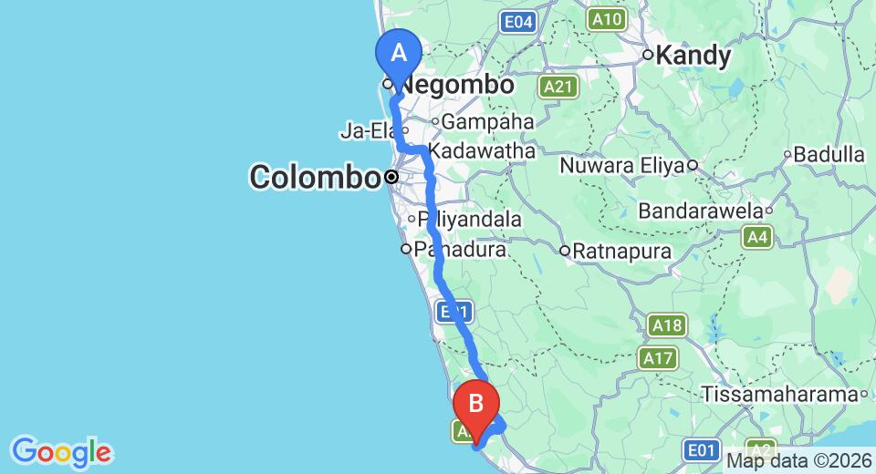 Driving route map: Colombo Airport (CMB) to Tropical Beach House, Hikkaduwa (144 km, approx 2 h 8 min private transfer)