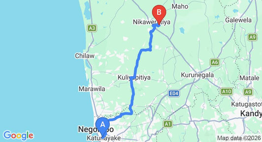 Driving route map: Colombo Airport (CMB) to Katagamuwa (92 km, approx 2 h 19 min private transfer)