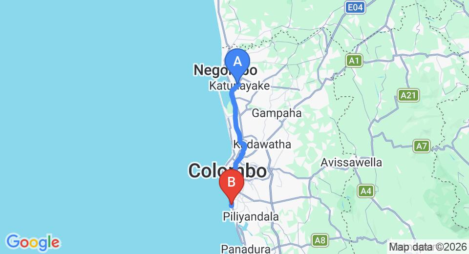Driving route map: Colombo Airport (CMB) to Siddhalepa ANARVA, Mount Lavinia (43 km, approx 1 h 11 min private transfer)