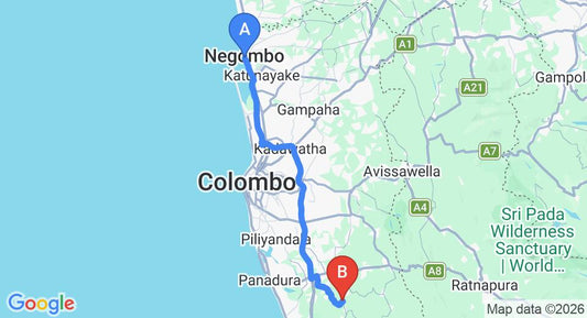 Driving route map: Negombo to Yala (80 km, approx 1 h 27 min private transfer)