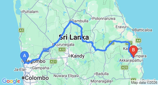 Driving route map: Colombo Airport (CMB) to Mahoora - Gal Oya, Ampara (329 km, approx 6 h 36 min private transfer)