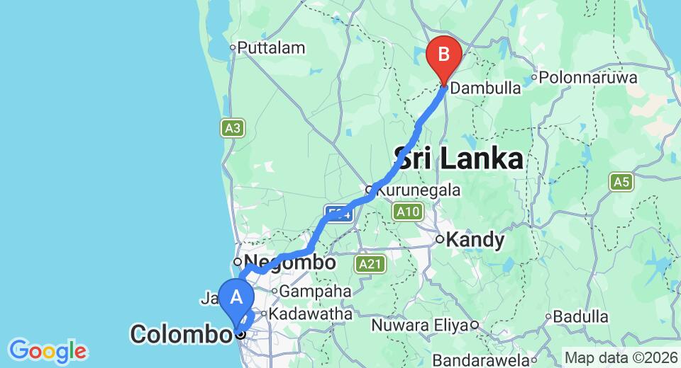 Driving route map: Colombo Seaport to Dambulla (162 km, approx 3 h 19 min private transfer)