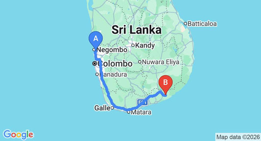 Driving route map: Colombo Airport (CMB) to The Safari, Tissamaharama (279 km, approx 3 h 43 min private transfer)
