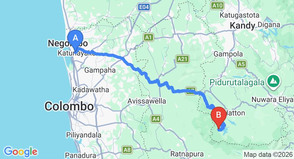 Driving route map: Colombo Airport (CMB) to River View Wathsala Inn, Hatton (131 km, approx 4 h 19 min private transfer)