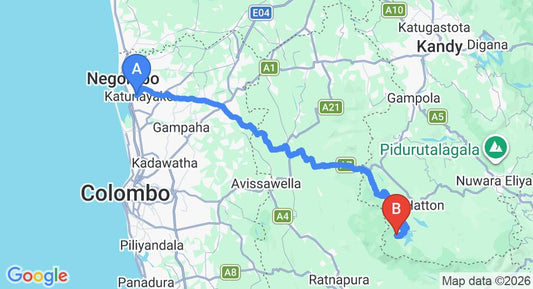 Driving route map: Colombo Airport (CMB) to River View Wathsala Inn, Hatton (131 km, approx 4 h 19 min private transfer)