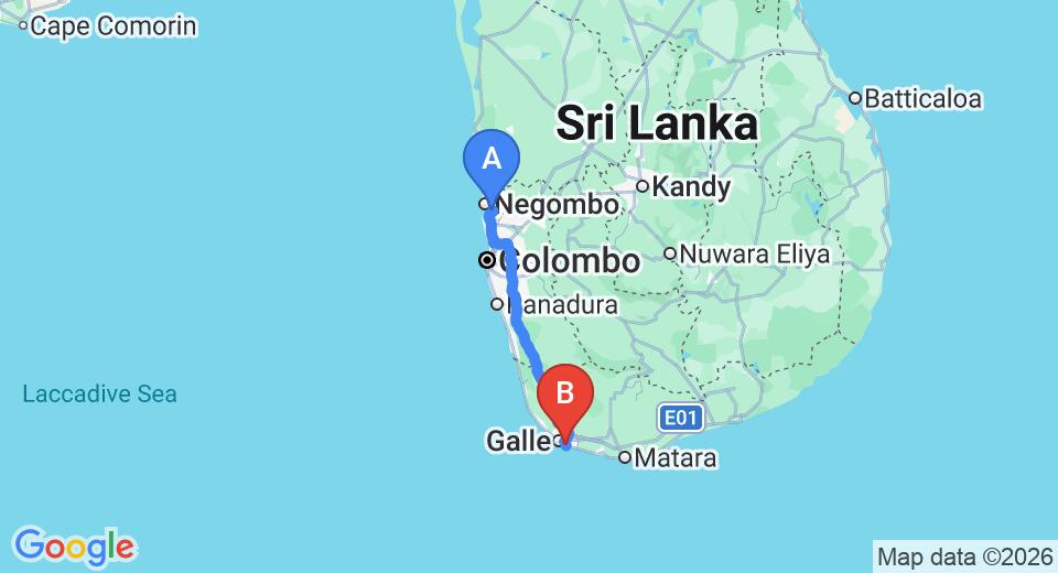 Driving route map: Colombo Airport (CMB) to The Blue Eyes Inn, Unawatuna (153 km, approx 2 h 8 min private transfer)