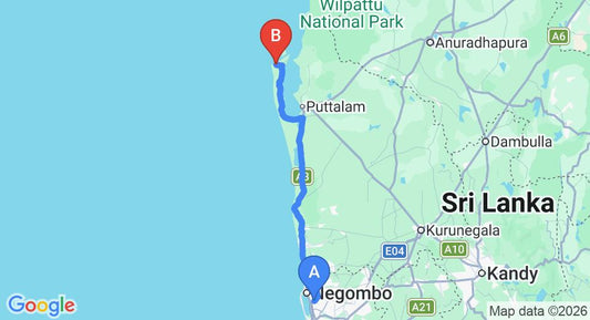 Driving route map: Colombo Airport (CMB) to Blue Whale Resort, Kalpitiya (139 km, approx 3 h 15 min private transfer)