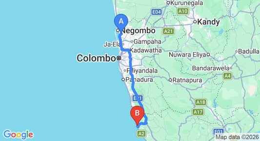 Driving route map: Colombo Airport (CMB) to Dream Beach Resort, Ambalangoda (133 km, approx 2 h 6 min private transfer)
