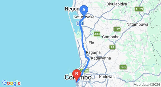 Driving route map: Colombo Airport (CMB) to Chelsea Gardens, Colombo (35 km, approx 48 min private transfer)
