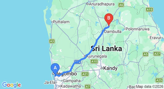 Driving route map: Colombo Airport (CMB) to Sigiri Choona Lodge, Sigiriya (145 km, approx 3 h 11 min private transfer)