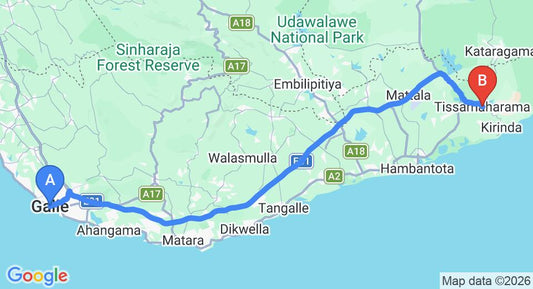 Driving route map: Galle to Tissamaharama (143 km, approx 2 h 7 min private transfer)