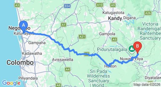 Driving route map: Colombo Airport (CMB) to Kandapola (164 km, approx 5 h 5 min private transfer)