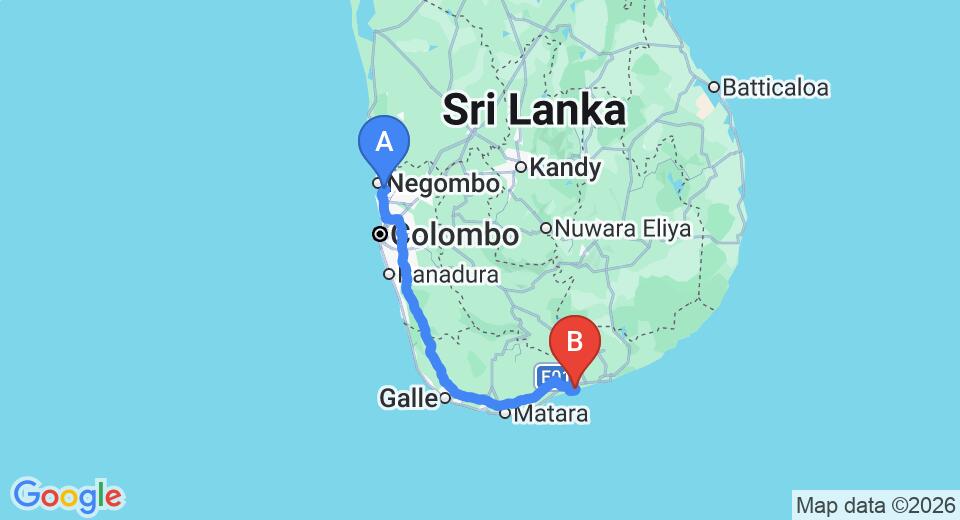 Driving route map: Colombo Airport (CMB) to Taragala Place, Kalametiya (230 km, approx 3 h 10 min private transfer)