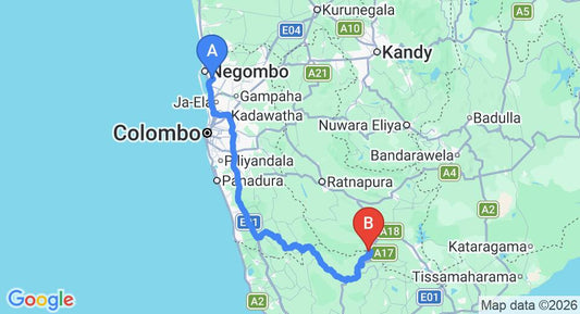Driving route map: Colombo Airport (CMB) to Rainforest Ecolodge, Sinharaja (201 km, approx 4 h 34 min private transfer)