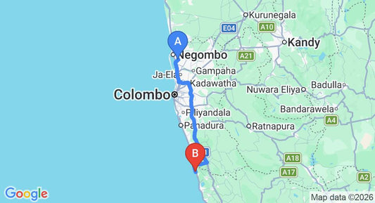 Driving route map: Colombo Airport (CMB) to Temple Tree Resort and Spa, Bentota (112 km, approx 1 h 46 min private transfer)