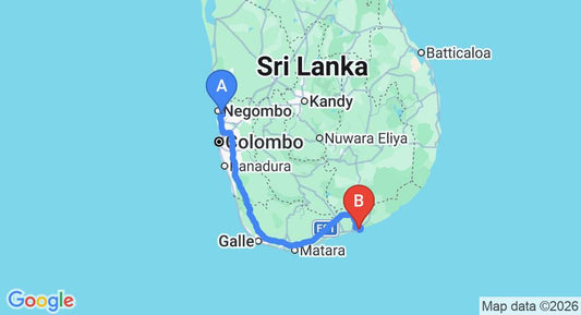 Driving route map: Colombo Airport (CMB) to Peacock Beach Hotel, Hambantota (270 km, approx 3 h 26 min private transfer)