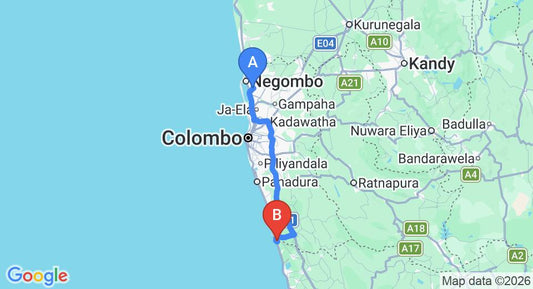 Driving route map: Colombo Airport (CMB) to Suhada Villa, Bentota (108 km, approx 1 h 42 min private transfer)