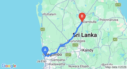 Driving route map: Colombo Airport (CMB) to Heritage Dambulla, Dambulla (129 km, approx 2 h 47 min private transfer)