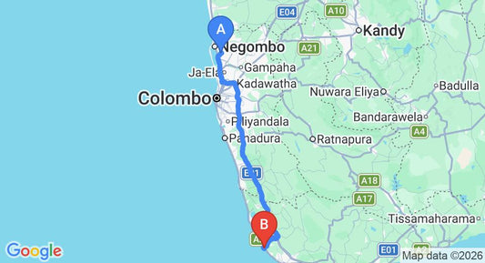 Driving route map: Colombo Airport (CMB) to Hikks Villa, Hikkaduwa (144 km, approx 2 h 8 min private transfer)