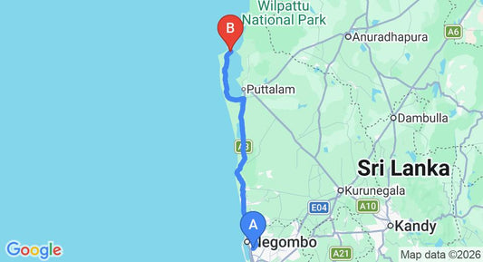 Driving route map: Colombo Airport (CMB) to Elements Watersports and Nature Resort, Kalpitiya (140 km, approx 3 h 17 min private transfer)