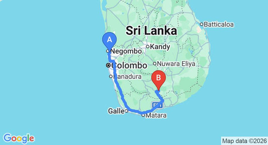 Driving route map: Colombo Airport (CMB) to Elephant Safari Hotel, Udawalawe (264 km, approx 3 h 45 min private transfer)