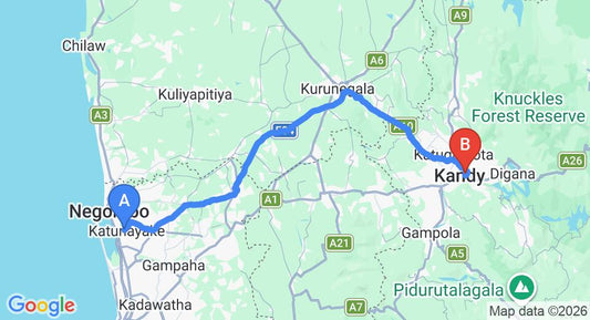 Driving route map: Colombo Airport (CMB) to Green woods, Kandy (116 km, approx 2 h 55 min private transfer)