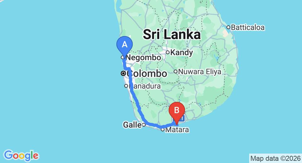 Driving route map: Colombo Airport (CMB) to Tangalla Bay by Jetwing, Tangalle (211 km, approx 2 h 50 min private transfer)